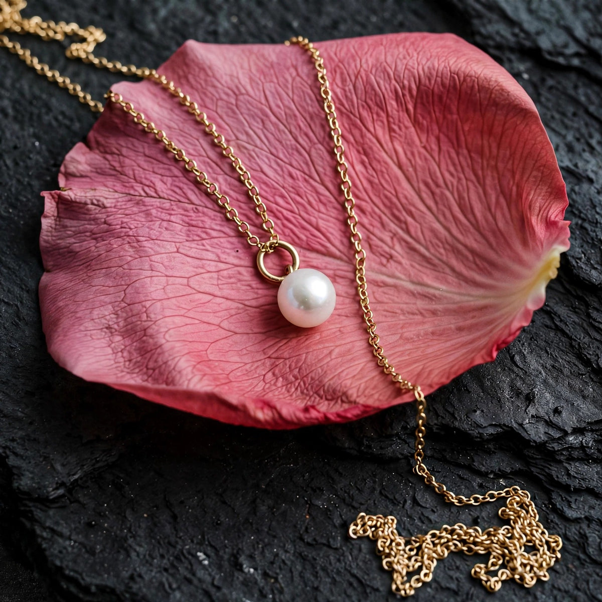 Freshwater pearl charm necklace in solid 14k gold, pearl resting on a deep rose petal