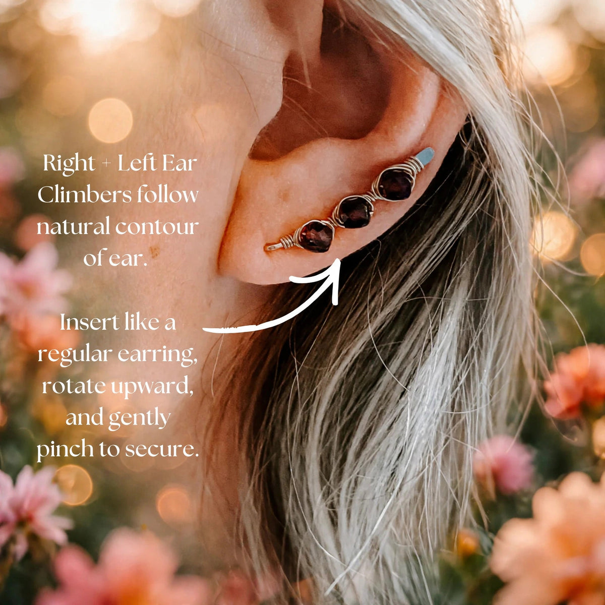Garnet Ear Climbers in sterling silver with garnet, Ever After garden photo