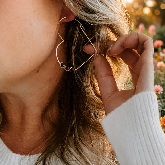 Garnet Heart Threader Earrings in 14k gold fill with garnet, Ever After garden photo
