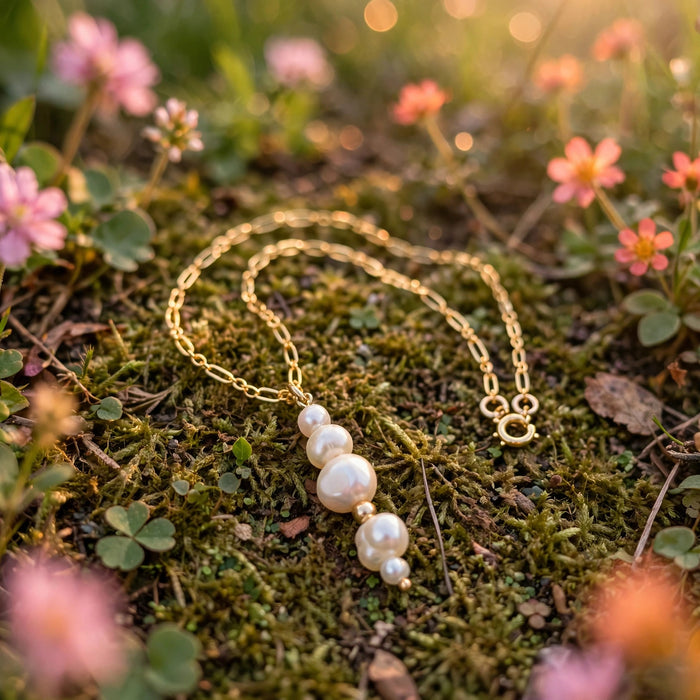 The Heirloom Pearl Drop Necklace in 14k gold fill with freshwater pearls, Ever After garden photo