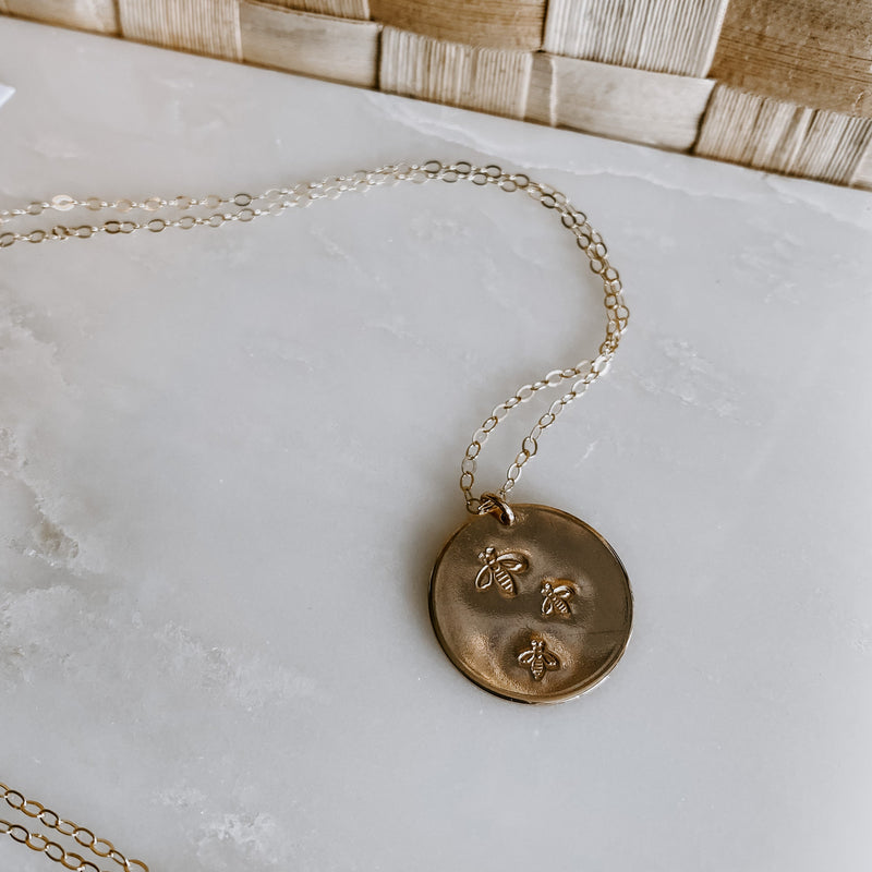 Hand Stamped Bee Coin Necklace (WS)