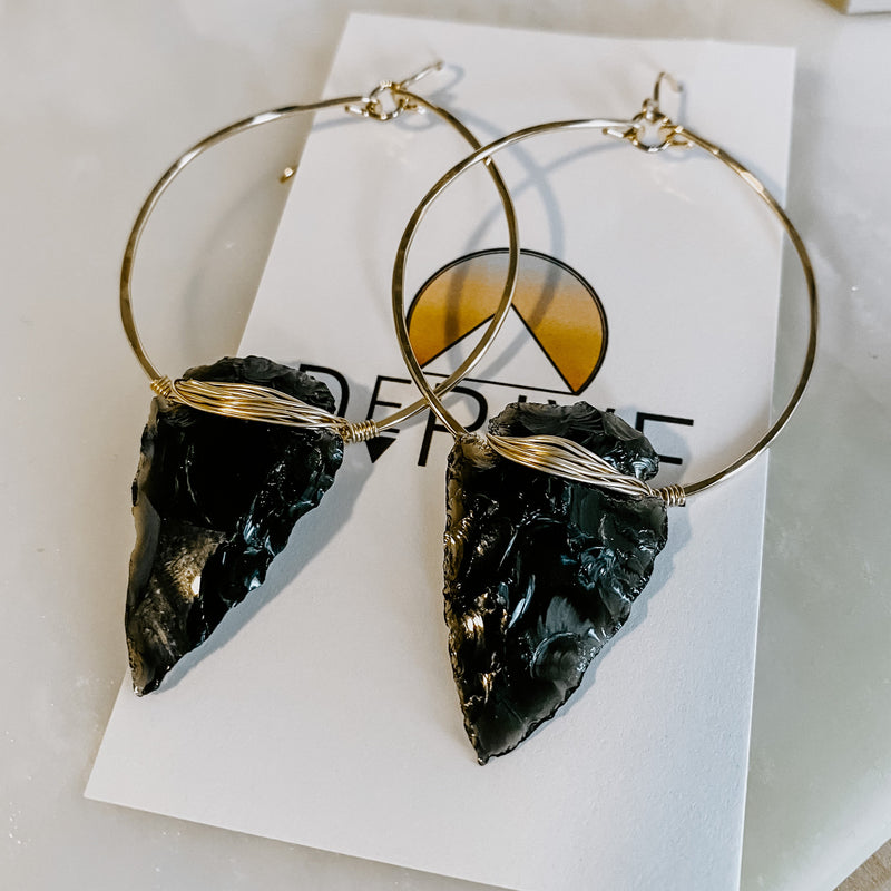 Nala Obsidian Arrowhead Hoop Earrings (WS)