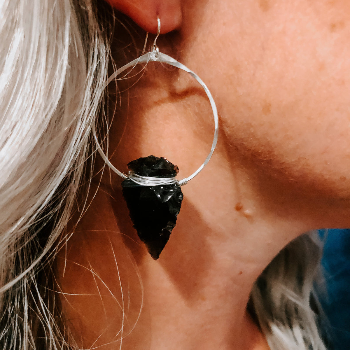 Nala Obsidian Arrowhead Hoop Earrings (WS)