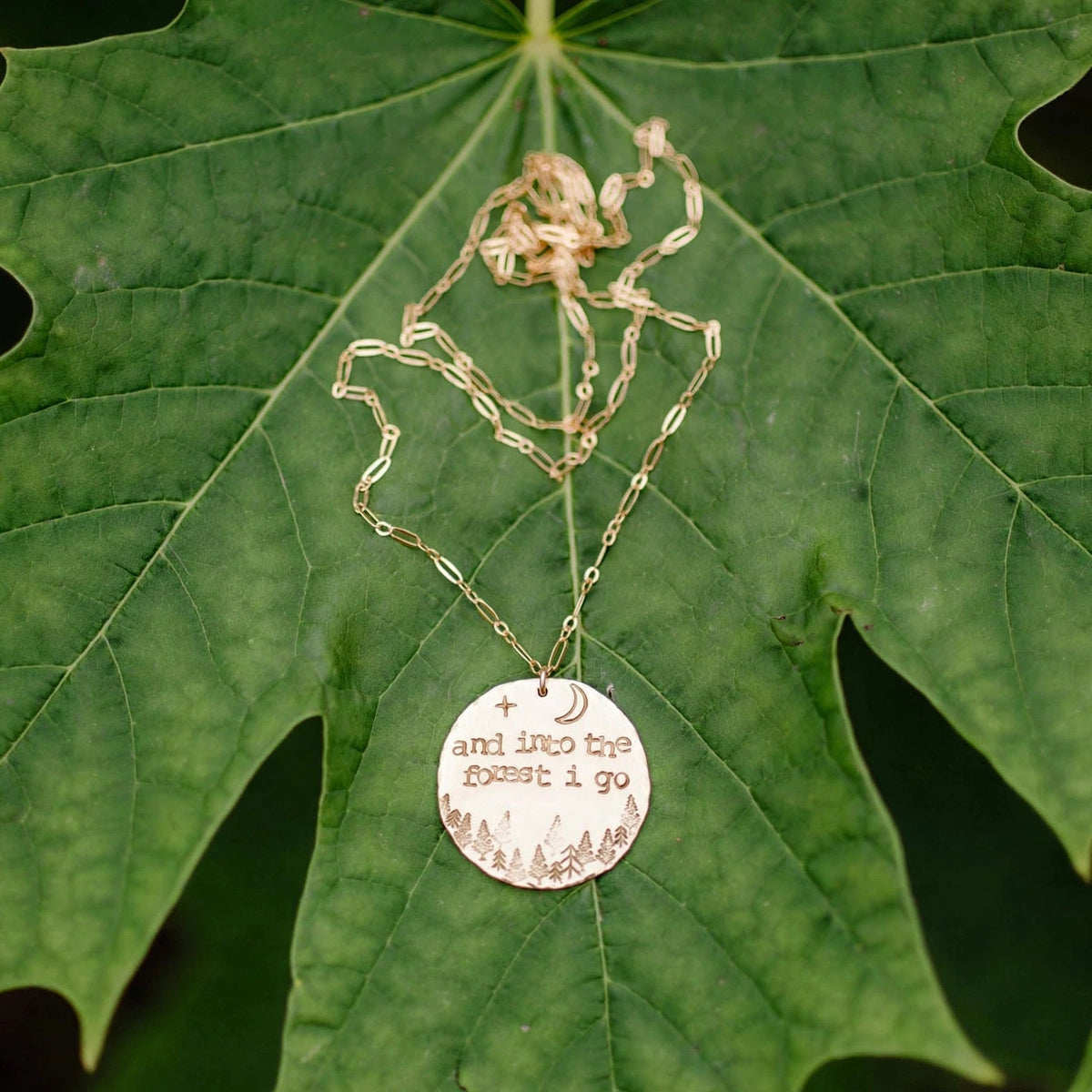 Into the Forest Medallion Necklace in 14k gold fill, hand stamped with trees and a moon, resting on a large green leaf