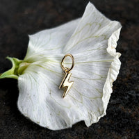 Lightning bolt charm in solid 14k gold resting on a white sweet pea petal