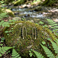 Mini Black Tourmaline Threader Earrings in 14k gold fill with faceted black tourmaline beads wire wrapped along each threader, styled on a mossy rock beside a forest stream