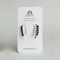 Mini Black Tourmaline Threader Earrings in 14k gold fill with faceted black tourmaline beads wire wrapped along each threader, on a Derive Jewelry earring card