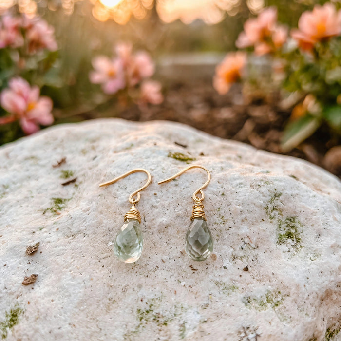 Mini Green Amethyst Drop Earrings in 14k gold fill with green amethyst, Ever After garden photo