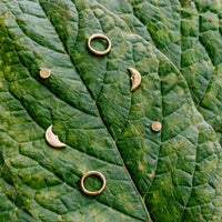 Moon Phase Stud Pack in 14k gold fill with dot, hoop and moon face studs, styled on a mossy rock