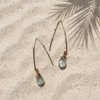 Mystic Green Amethyst Threader Earrings in 14k gold fill, styled on pale sand at the beach