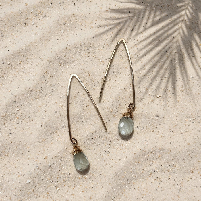 Mystic Green Amethyst Threader Earrings in 14k gold fill, styled on pale sand at the beach
