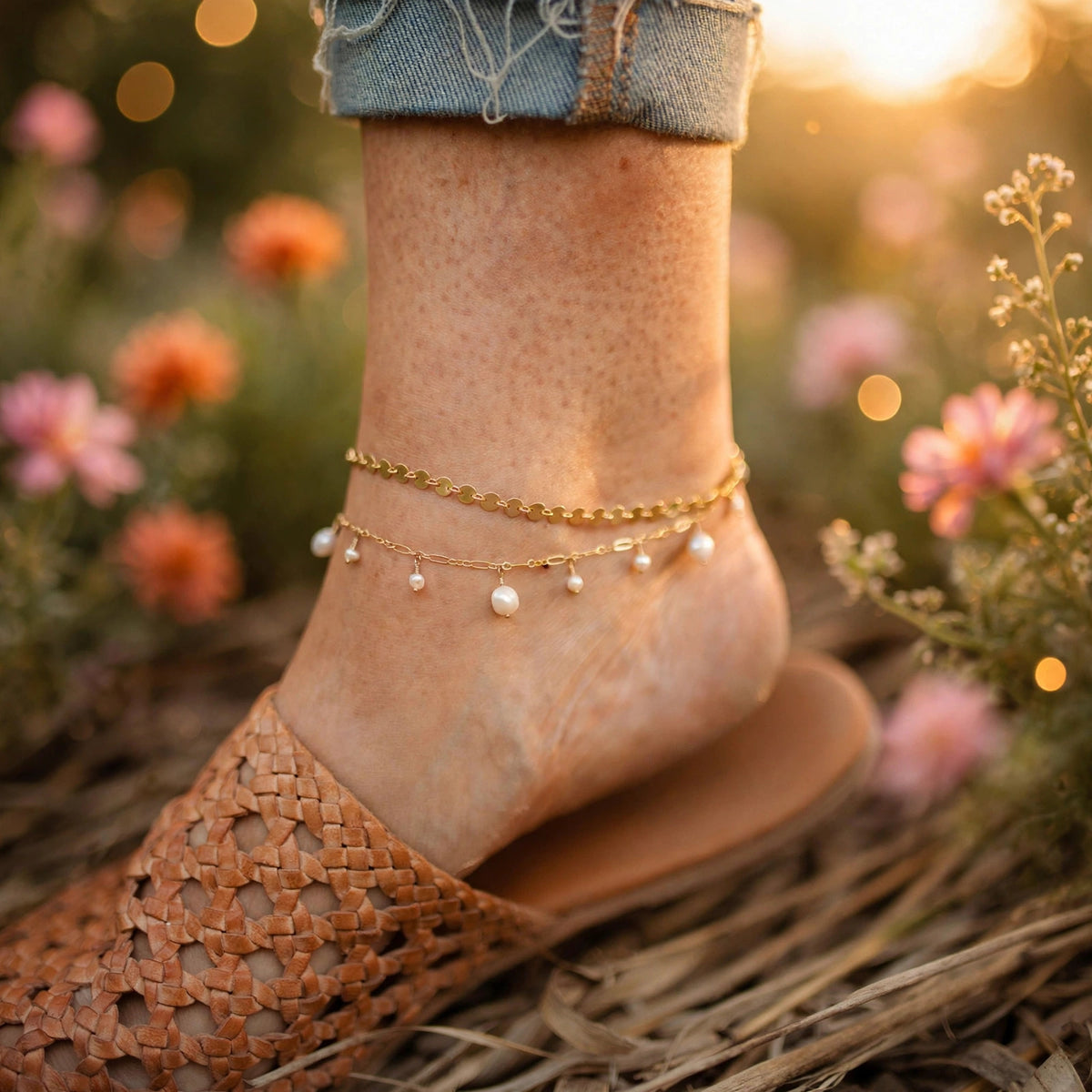 Ocean Eyes Pearl Anklet in 14k gold fill with freshwater pearls, Ever After garden photo