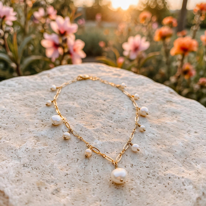 Ocean Eyes Pearl Bracelet in 14k gold fill with freshwater pearls, Ever After garden photo