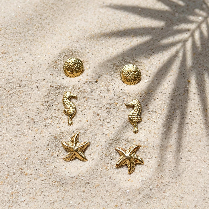Ocean Treasures Stud Pack in 14k gold fill, styled on pale sand at the beach