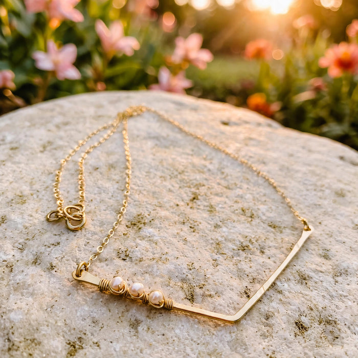 Pearl Chevron Necklace in 14k gold fill with freshwater pearls, Ever After garden photo
