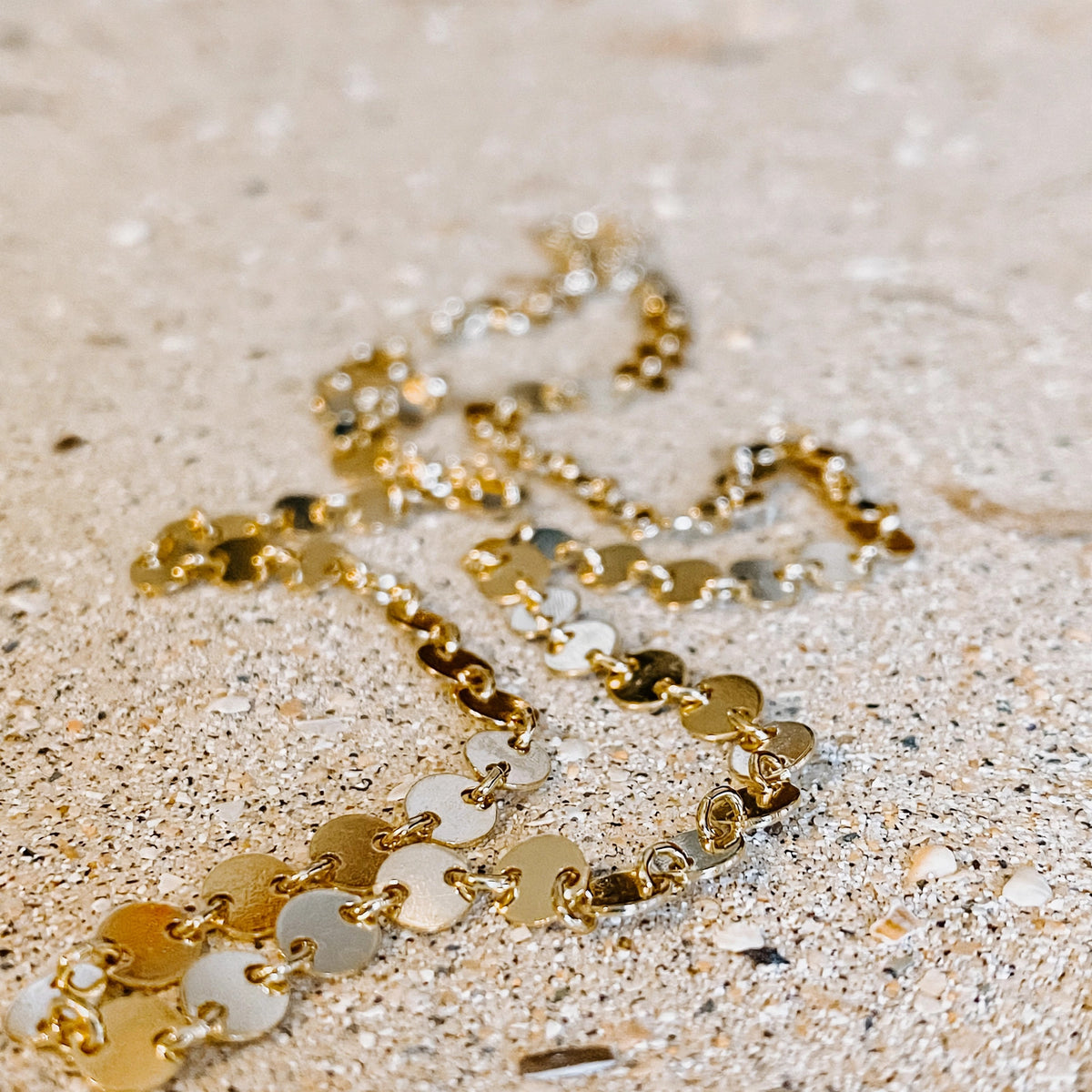Sand Dollar Coin Chain Necklace in 14k gold fill, styled on pale sand at the beach