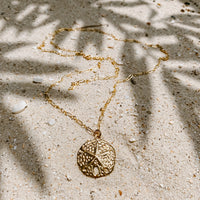 Sand Dollar Pendant Necklace in 14k gold fill, styled on pale sand at the beach