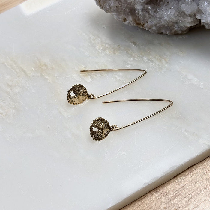 Sand Dollar Threader Earrings in 14k gold fill, on marble