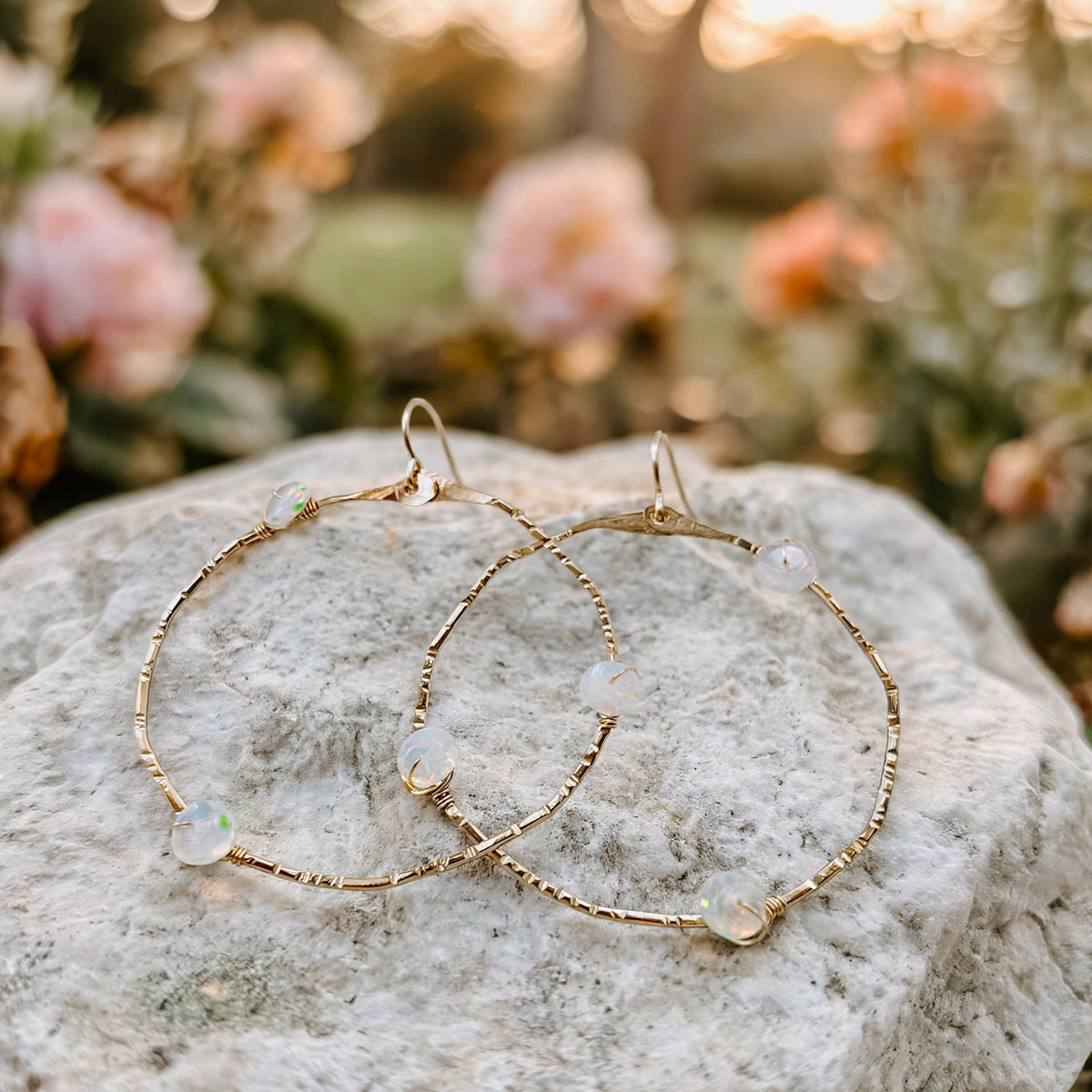 Stargazer Opal Hoop Earrings in 14k gold fill with opals, Ever After garden photo