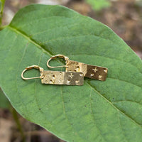 Starstruck Earrings in 14k gold fill with stamped starburst tags, styled on ferns