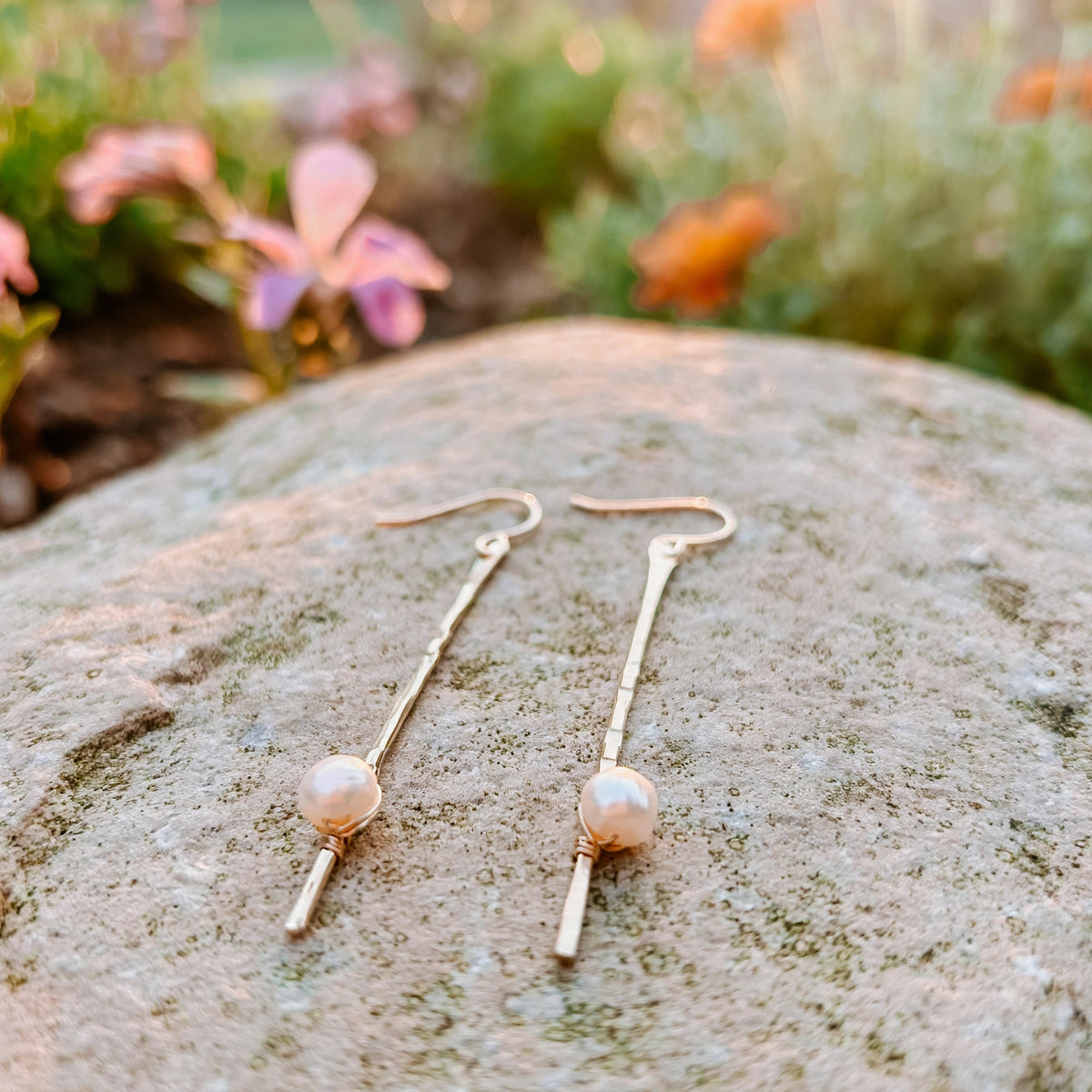 Sticks and Stones Freshwater Pearl Stick Earrings in 14k gold fill, Ever After garden photo