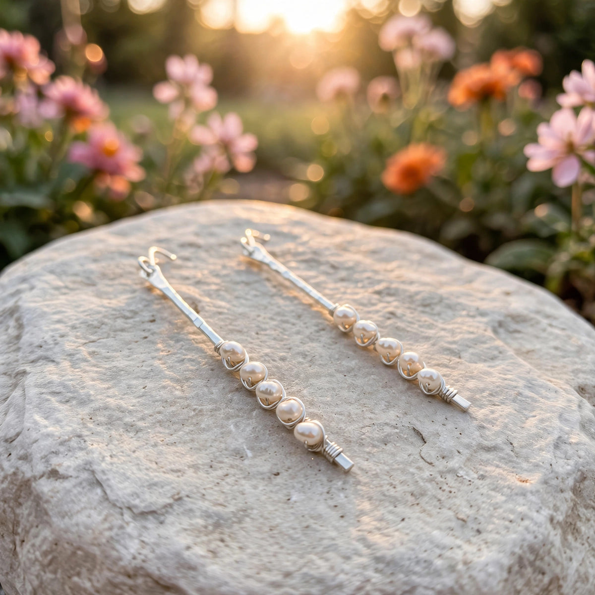 Sticks and Stones Pearl Stick Earrings in sterling silver with freshwater pearls, Ever After garden photo