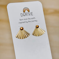 Sunset Citrine Ear Jacket Earrings in 14k gold fill with pleated fan jackets and faceted citrine studs, front view on a Derive earring card