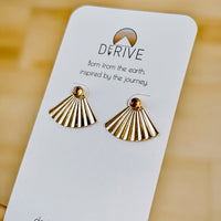 Sunset Citrine Ear Jacket Earrings in 14k gold fill with pleated fan jackets and faceted citrine studs, close view on a Derive earring card