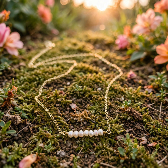Tiny Freshwater Pearl Necklace in 14k gold fill, Ever After garden photo
