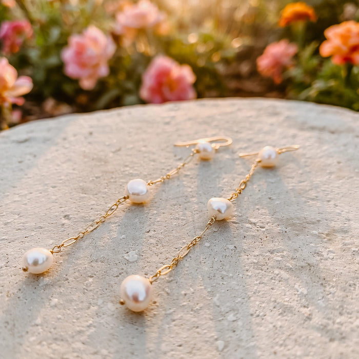 Vahine Pearl Earrings in 14k gold fill with freshwater pearls, Ever After garden photo