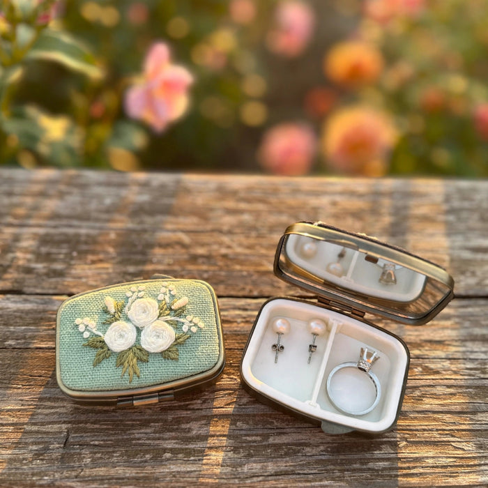Floral Embroidered Mini Jewelry Box with Mirror, white roses, Ever After garden photo