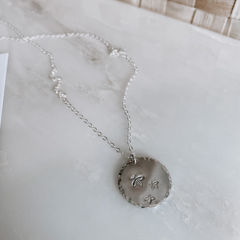 Hand Stamped Bee Coin Necklace