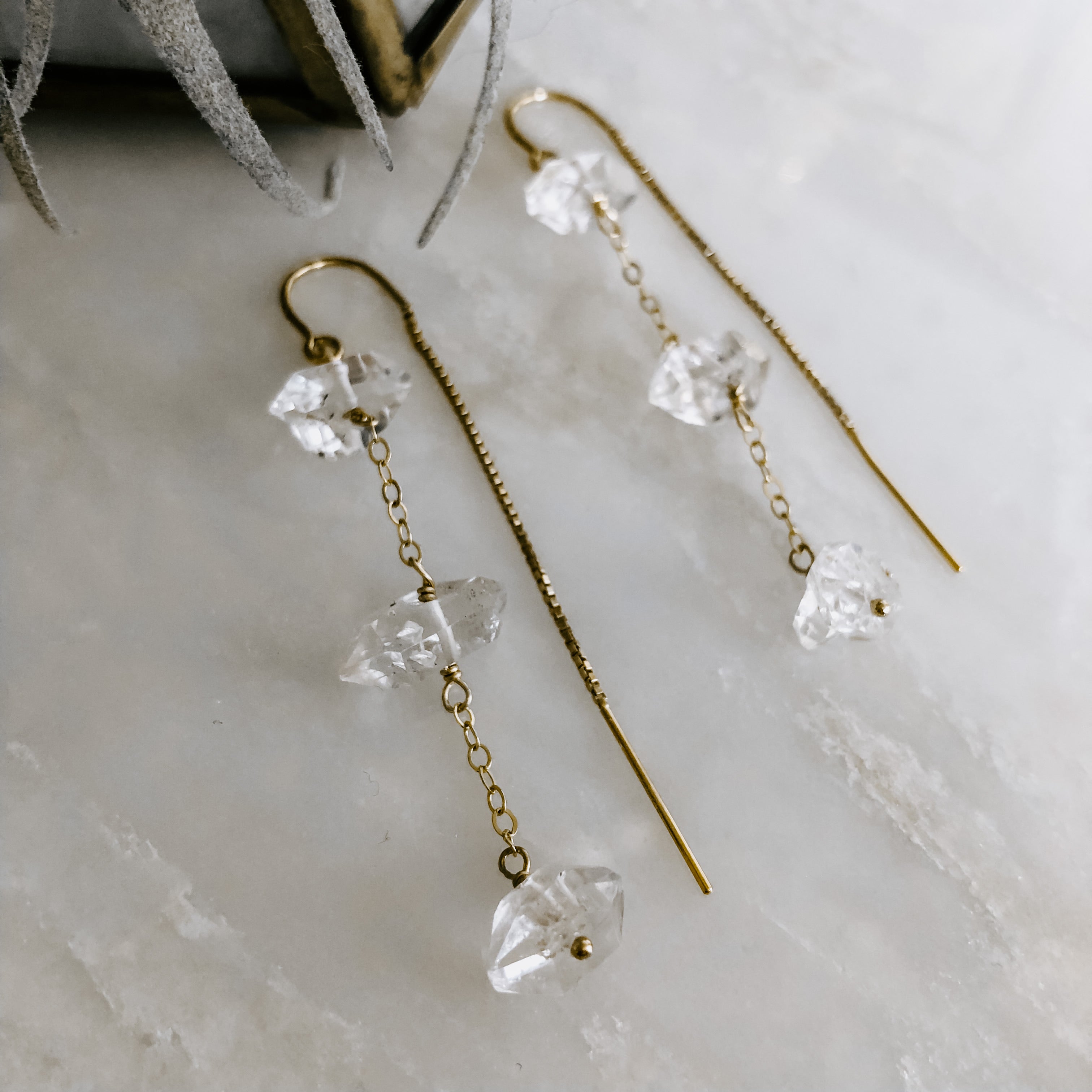 Herkimer Diamond newest Crystal Gold Thread Earrings / Slider Earrings