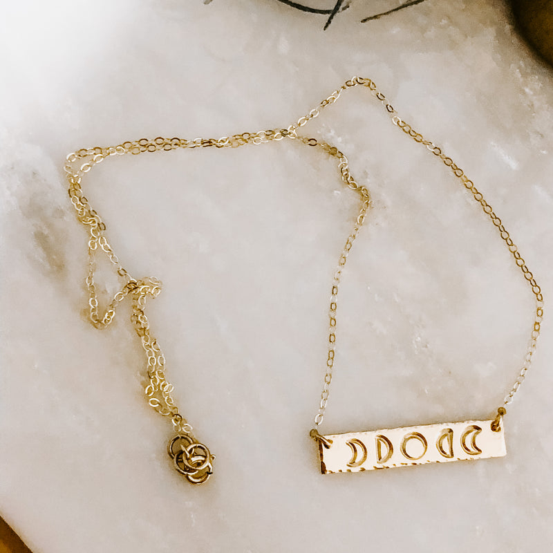Moon Phase Hand Stamped Bar Necklace