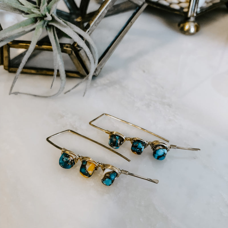 Triple Stone Spiny Oyster Turquoise Threader Earrings