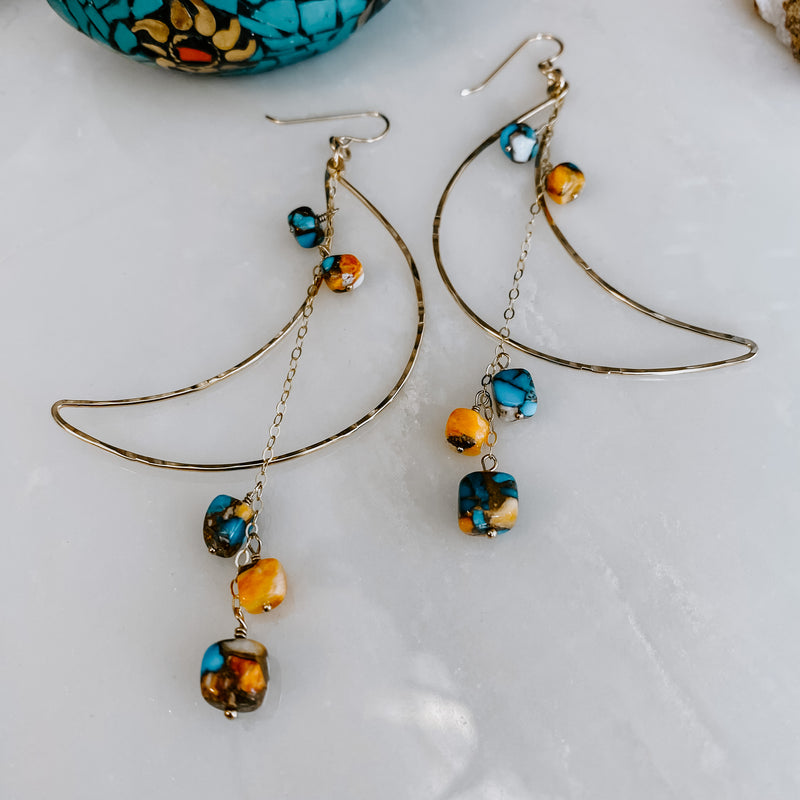 Spiny Oyster Turquoise Crescent Moon Earrings